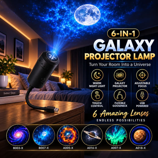 6 in 1 Galaxy Star Projector Lamp – Rotating Cosmic Night Light - 6 Lenses Included