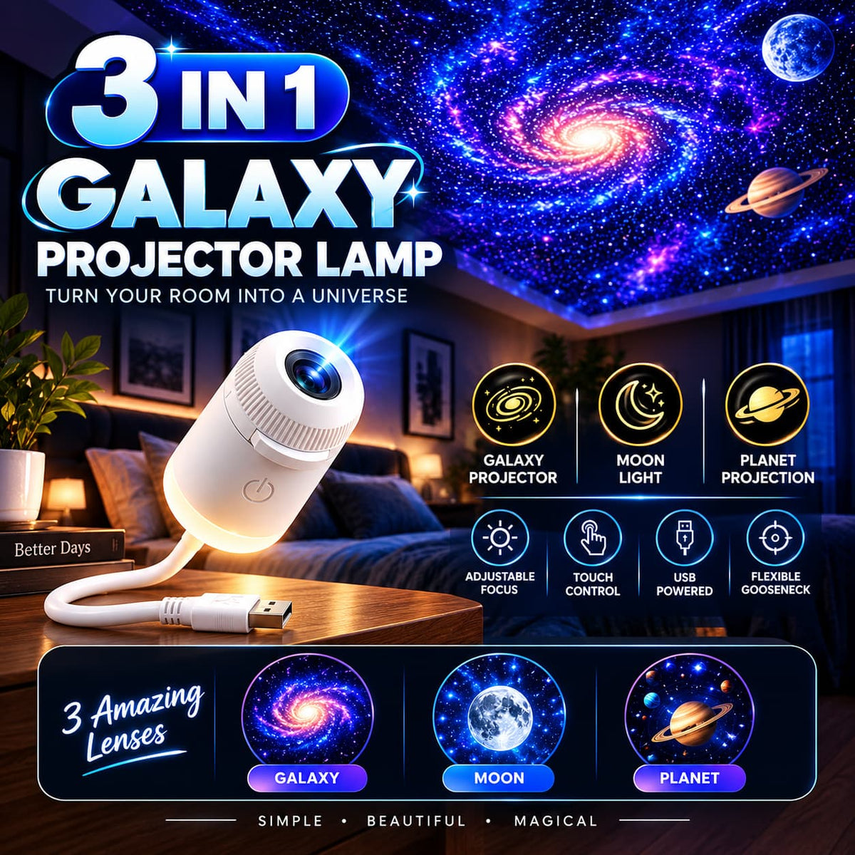 Original 3-in-1 Galaxy Star Projector Lamp –  Adjustable Focus, Touch Control & USB Powered