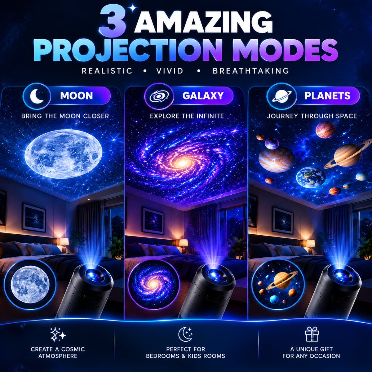 Original 3-in-1 Galaxy Star Projector Lamp –  Adjustable Focus, Touch Control & USB Powered