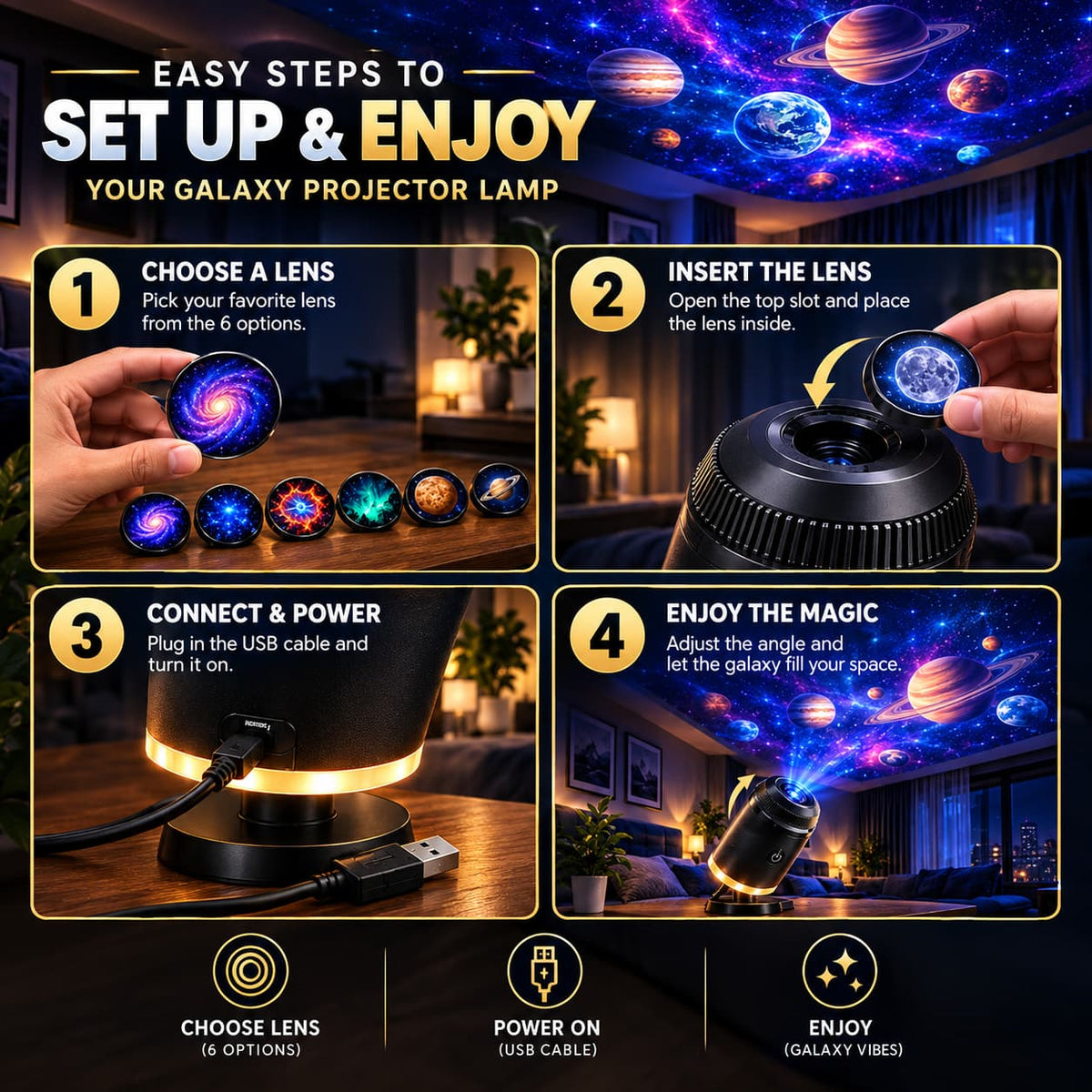6 in 1 Galaxy Star Projector Lamp – Rotating Cosmic Night Light - 6 Lenses Included