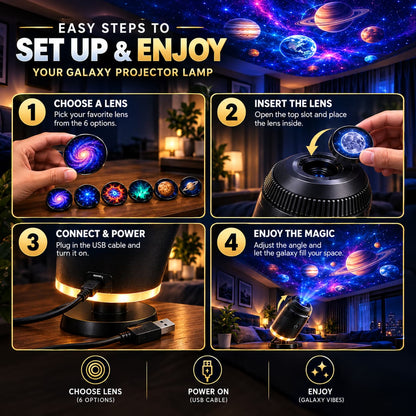 6 in 1 Galaxy Star Projector Lamp – Rotating Cosmic Night Light - 6 Lenses Included