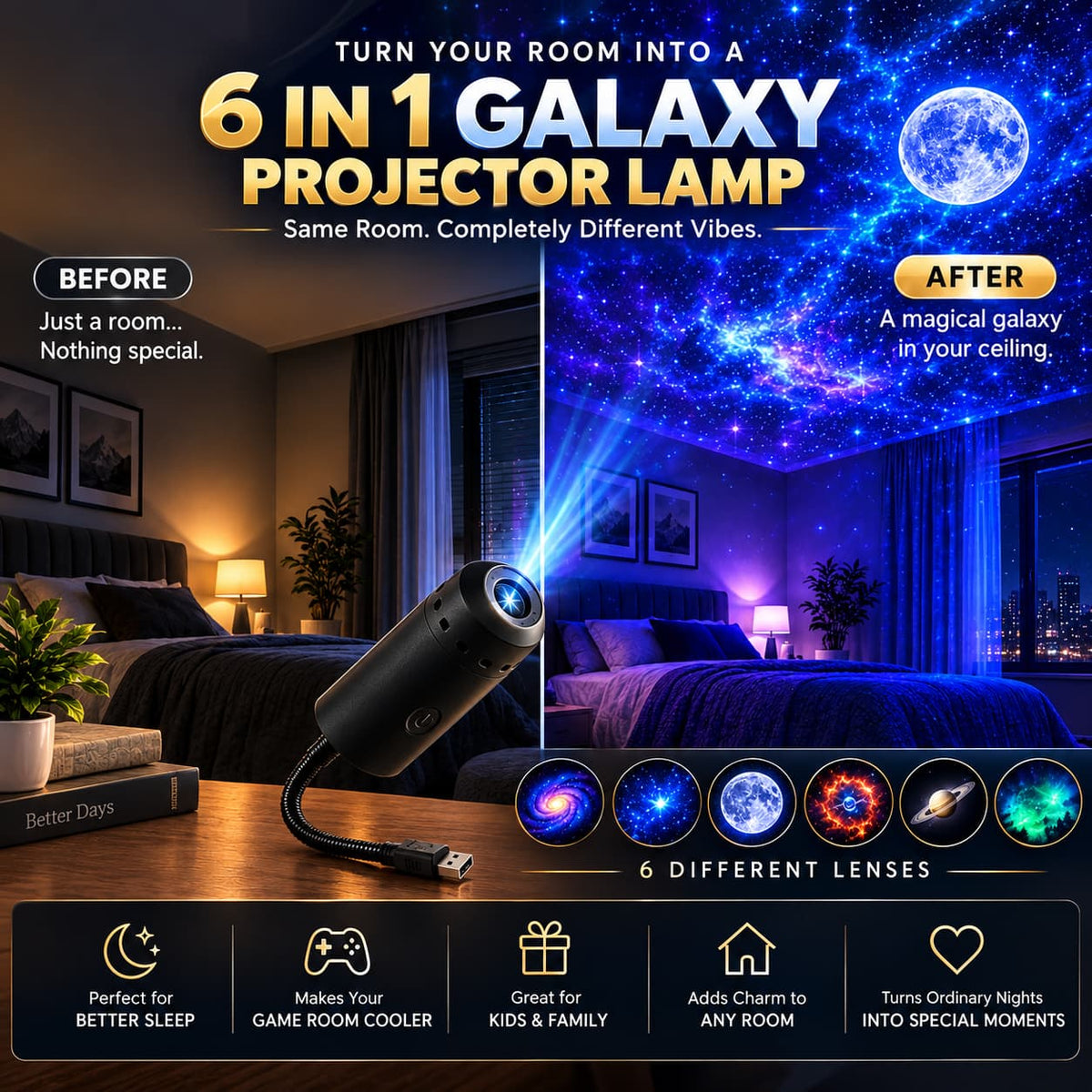 6 in 1 Galaxy Star Projector Lamp – Rotating Cosmic Night Light - 6 Lenses Included