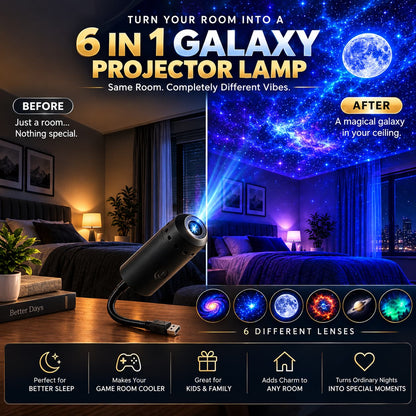 6 in 1 Galaxy Star Projector Lamp – Rotating Cosmic Night Light - 6 Lenses Included