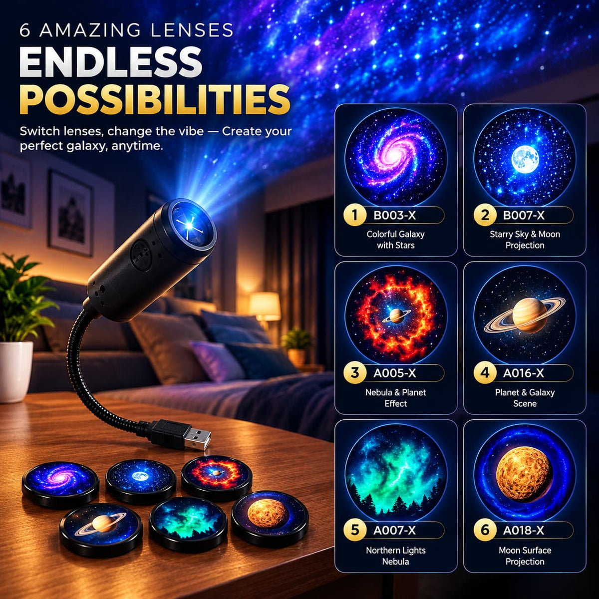 6 in 1 Galaxy Star Projector Lamp – Rotating Cosmic Night Light - 6 Lenses Included