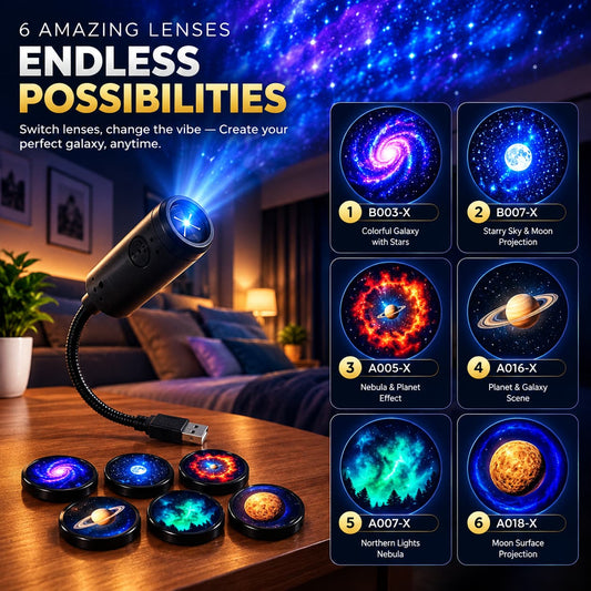 6 in 1 Galaxy Star Projector Lamp – Rotating Cosmic Night Light - 6 Lenses Included