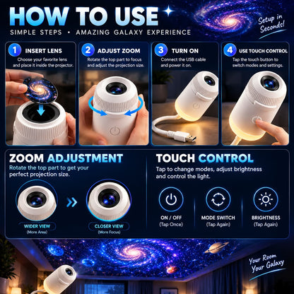 Original 3-in-1 Galaxy Star Projector Lamp –  Adjustable Focus, Touch Control & USB Powered